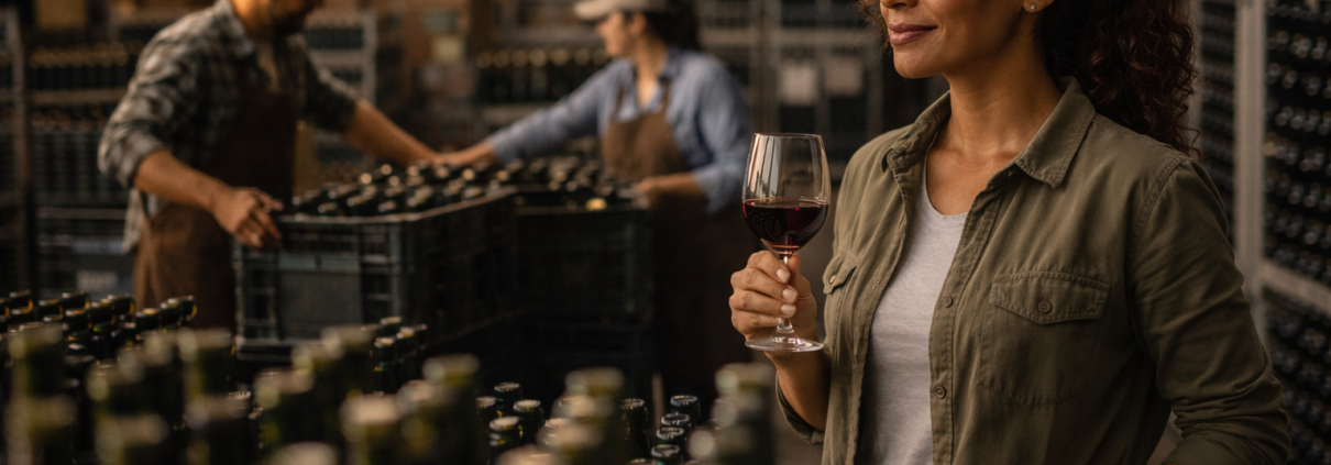 A winery leader holding a glass of red wine while observing cellar operations, reflecting steady leadership, cultural continuity, and thoughtful decision-making during periods of change.