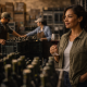 A winery leader holding a glass of red wine while observing cellar operations, reflecting steady leadership, cultural continuity, and thoughtful decision-making during periods of change.