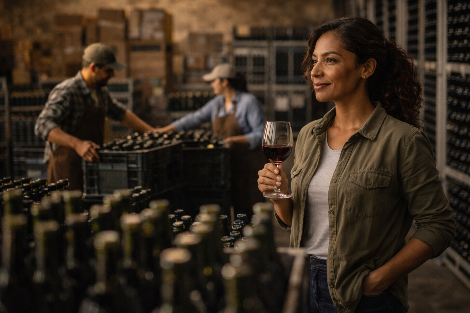 A winery leader holding a glass of red wine while observing cellar operations, reflecting steady leadership, cultural continuity, and thoughtful decision-making during periods of change.