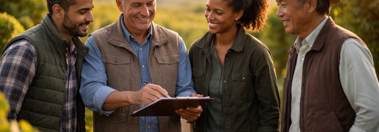 Vineyard crew reviewing work plans together in the field, reflecting collaborative leadership, shared accountability, and relationship-driven decision making in a winery environment.