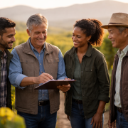 Relationships drives results wine industry Vineyard crew reviewing work plans together in the field, reflecting collaborative leadership, shared accountability, and relationship-driven decision making in a winery environment.