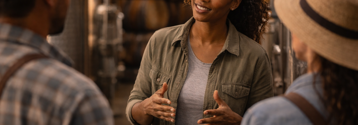 A winery supervisor leading a conversation with empathy and clarity inside the cellar, reflecting conscious leadership, trust-building, and culture in daily operations.