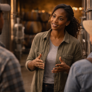 conscious-leadership-cellar-supervisor A winery supervisor leading a conversation with empathy and clarity inside the cellar, reflecting conscious leadership, trust-building, and culture in daily operations.
