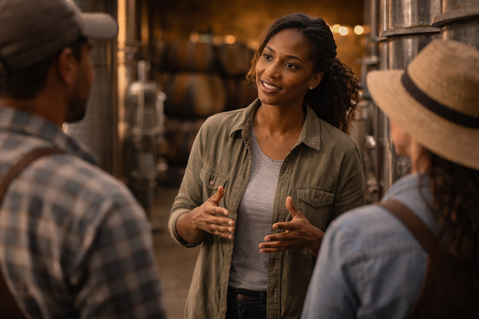 A winery supervisor leading a conversation with empathy and clarity inside the cellar, reflecting conscious leadership, trust-building, and culture in daily operations.