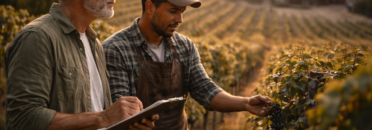 An experienced vineyard supervisor and a frontline worker reviewing grape quality together, reflecting leadership development through mentorship, knowledge transfer, and continuity in winery operations.