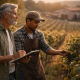 An experienced vineyard supervisor and a frontline worker reviewing grape quality together, reflecting leadership development through mentorship, knowledge transfer, and continuity in winery operations.