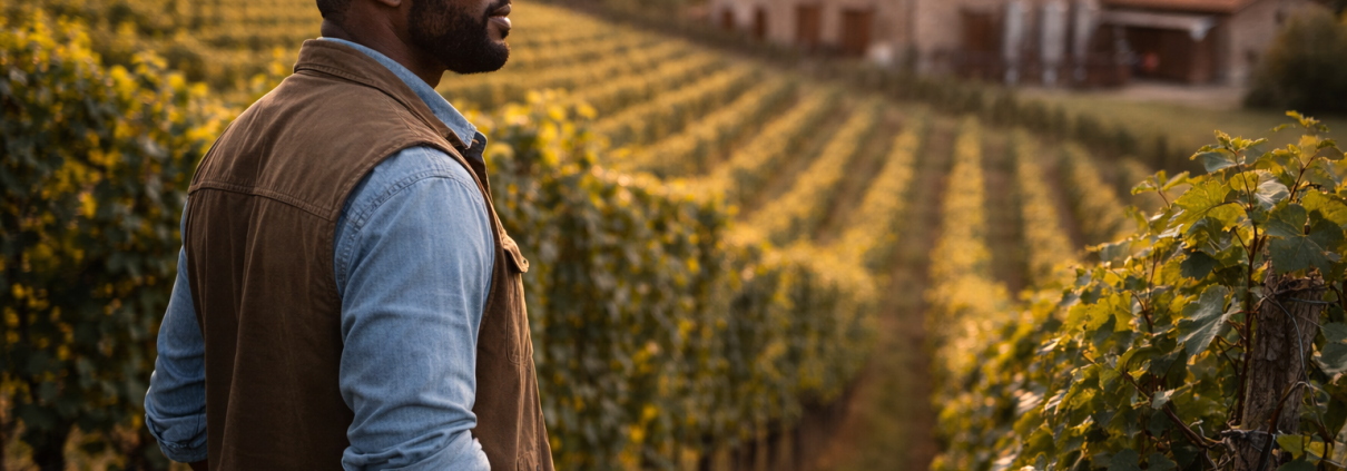 A vineyard leader observing the landscape and winery ahead, reflecting leadership grounded in experience, continuity, and the long-term perspective shaped by working across cultures and generations.