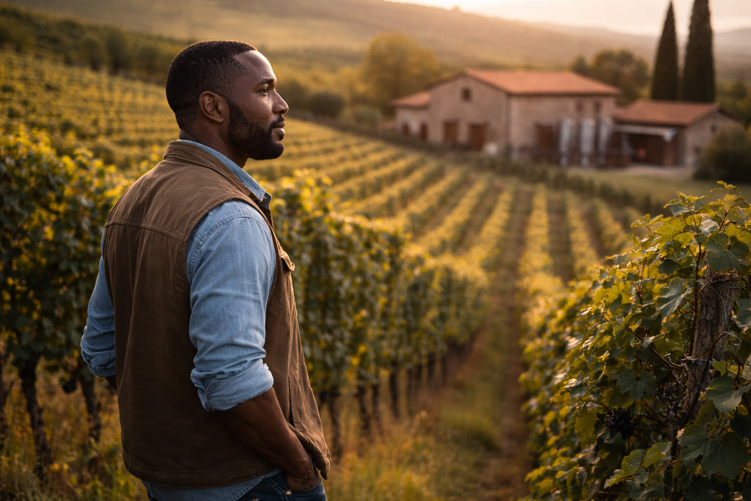 A vineyard leader observing the landscape and winery ahead, reflecting leadership grounded in experience, continuity, and the long-term perspective shaped by working across cultures and generations.